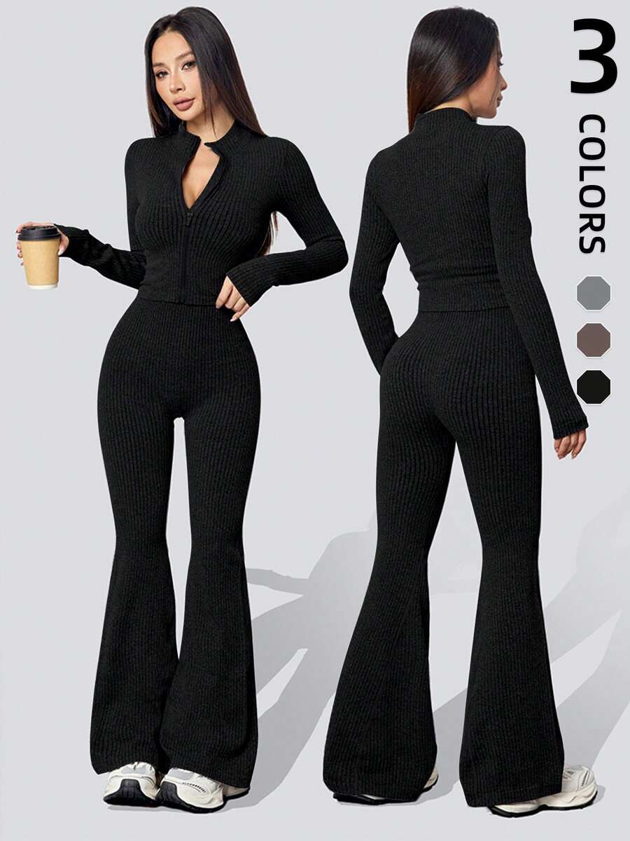 Women's Ribbed Zip-Up Crop Top & Flare Pants Set – 2-Piece Knit Loungewear For Street & Lounge - 黑色 - 查看 1