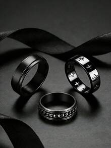 Set de 3 anillos de acero inoxidable con cruz versátil y elegante para hombres, con decoración giratoria y retorcida en negro, unisex, adecuado para uso diario, festivales, joyería, compromiso y regalos de boda - Negro - Ver 1