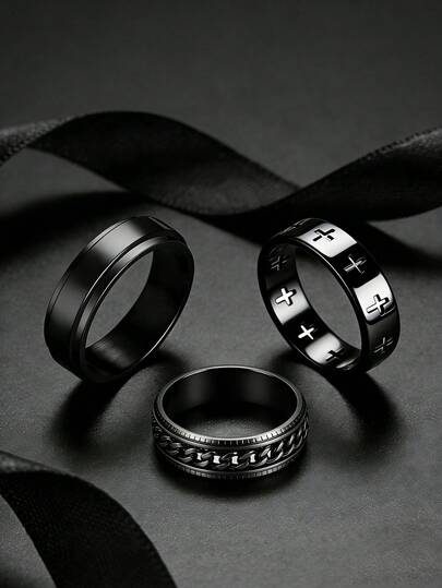 3pcs Set Men's Fashionable Versatile Stainless Steel Cross, Rotatable Twisted Decor Black Rings, Unisex, Suitable For Daily Wear, Festivals, Jewelry, Engagement, Wedding Gifts