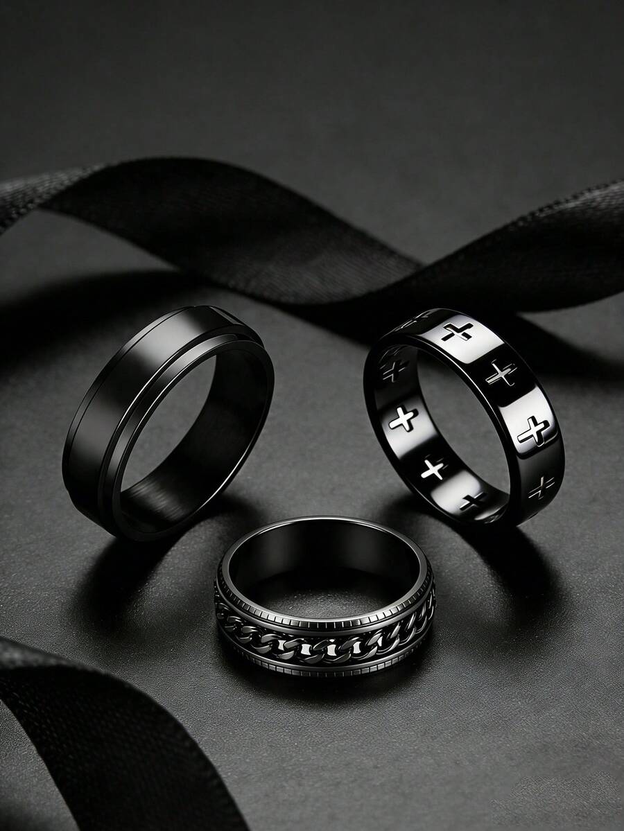 Set de 3 anillos de acero inoxidable con cruz versátil y elegante para hombres, con decoración giratoria y retorcida en negro, unisex, adecuado para uso diario, festivales, joyería, compromiso y regalos de boda - Negro - Ver 1