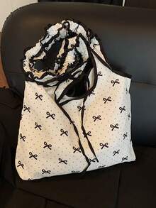 Niche Polka Dot Canvas Bag With Bow Detail, Sweet And Girly Style, Drawstring And Pleats, Suitable For Everyday Student Commuting, Shoulder Bag. - White - View 7