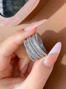 优雅圆形交叉合成立方氧化锆几何戒指，女士派对、订婚珠宝 - 白色 - 查看 7