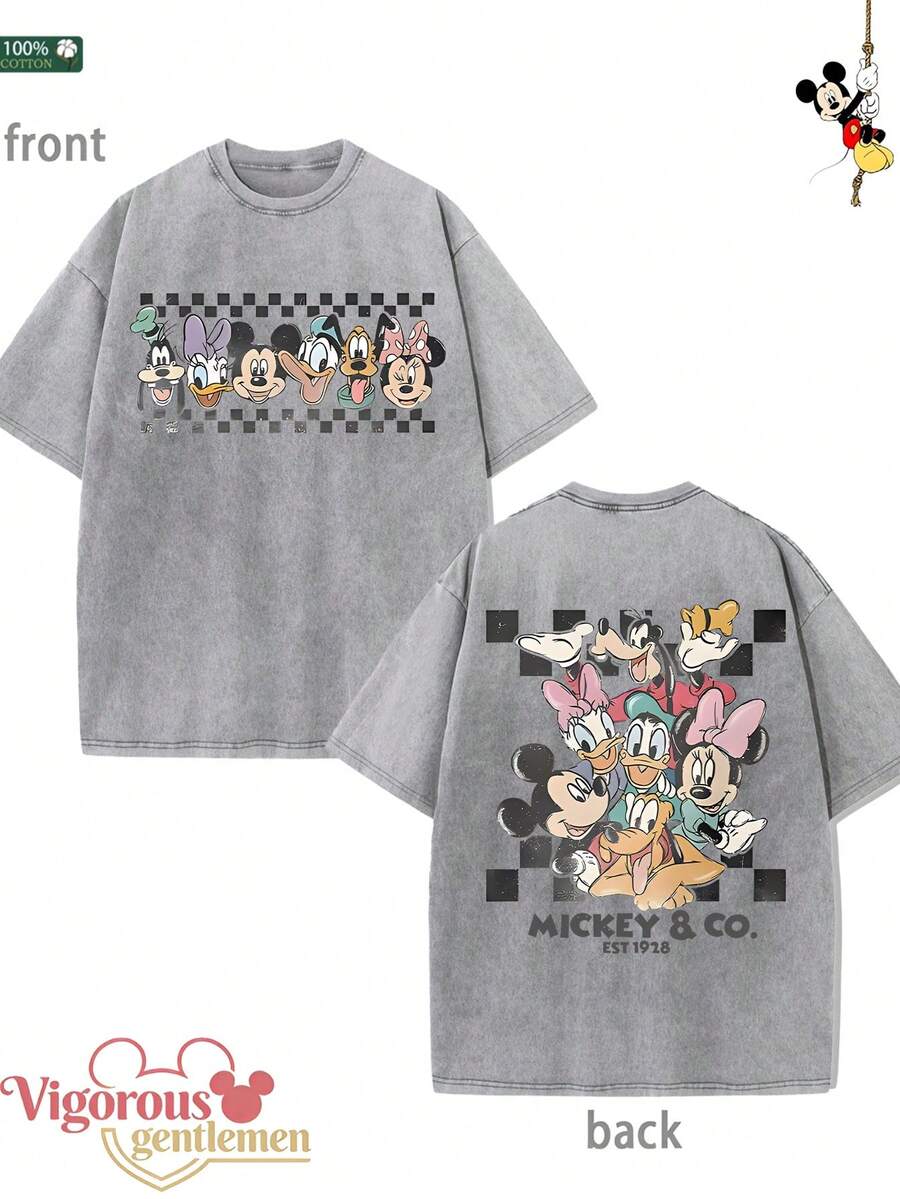 Disney Cartoon Collection Gray Pattern T-Shirt Summer Clothing  Vintage Washed 230g T-Shirt - 灰色 - 查看 1