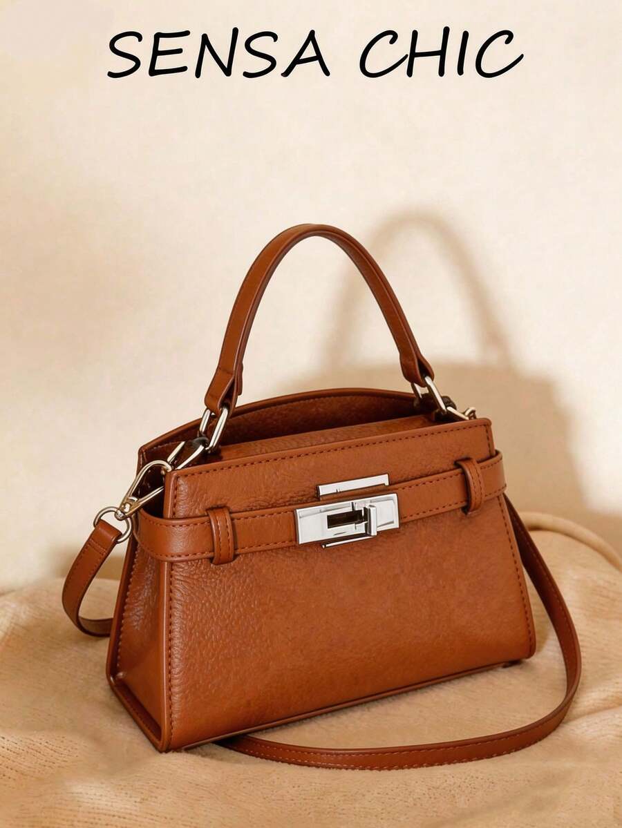 时尚女士手提包，带锁扣，新款高端小方包，单肩斜挎两用女士手提包，钱包，荔枝纹PU皮革纯色材质，黄棕色单肩包，荔枝纹顶部提手，金属旋扣，女士单提手，百搭时尚 - 棕色 - 查看 1