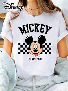 Disney Women's Casual Cotton Mickey Mouse Since 1928 Graphic Print White Short Sleeve Round Neck T-Shirt - 白色 - 查看 1