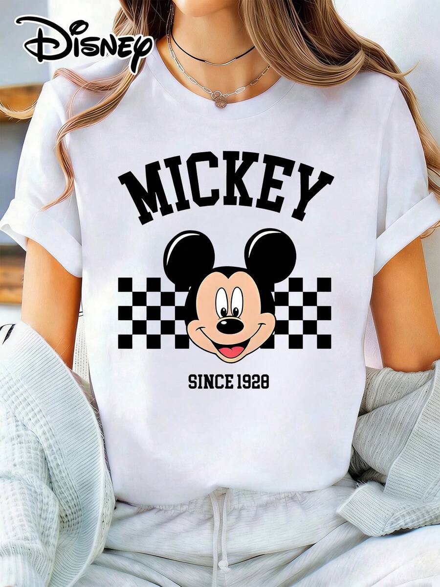 Disney Women's Casual Cotton Mickey Mouse Since 1928 Graphic Print White Short Sleeve Round Neck T-Shirt - 白色 - 查看 1