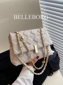 Rhombus Embroidery Elegant Metal Chain Fashion Versatile Women Underarm Shoulder Bag - Beige - View 1