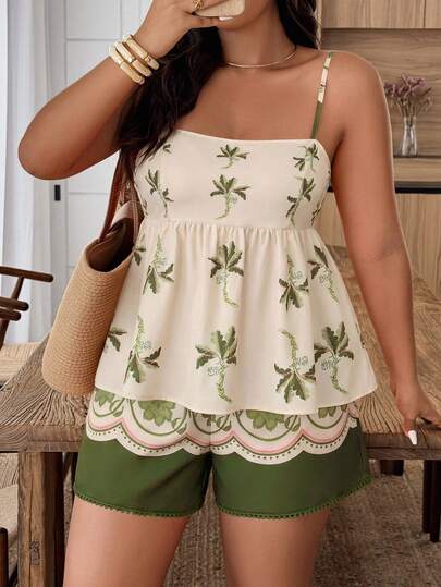 Plus Size Women's Floral Print Ruffle Trim Camisole And Shorts 2 Piece Set, Suitable For Daily And Vacation Wear, Spring/Summer
