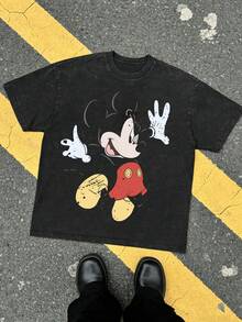 Disney Dynamic Jump Distressed Graphic T-Shirt, Summer Vintage Washed 230g Heavyweight Short Sleeve - 黑色 - 查看 1