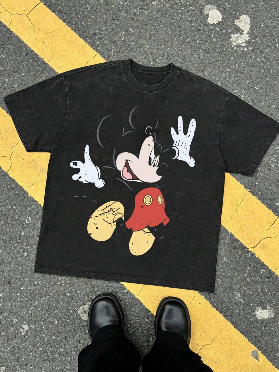 Disney Dynamic Jump Distressed Graphic T-Shirt, Summer Vintage Washed 230g Heavyweight Short Sleeve - 黑色 - 查看 1
