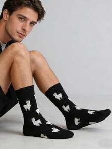 1 双男士黑色底羊驼图案中筒袜，四季皆宜 - 彩色 - 查看 2