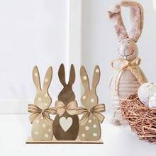 1 pieza Decoración de madera con lazo de conejo de lunares retro, adorno de escritorio de Pascua, decoración del hogar de primavera - Conejo de madera - Ver 2