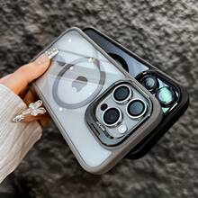 Étui magnétique de luxe antichoc pour iPhone 16 15 14 13 12 11 Pro Max Plus avec support, protecteur d'objectif en verre et coque arrière - Gris - Voir 11