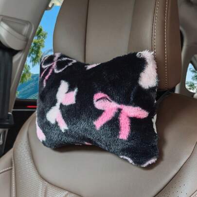 1pc Plush Black Background Pink Bow Car Headrest, Soft & Comfortable, Provides Neck Support, Suitable For All Seasons, Perfect Gift, Women Car Interior Accessory