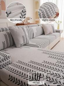 1pc Leaf Swaying Flannel 3-Seater Chaise Sofa Cover, Elastic Full Wrap Protective Slip Cover, Anti-Slip Anti-Scratch, Suitable For 1/2/3/4 Seater Sofa In Living Room, All Seasons - Black - View 1