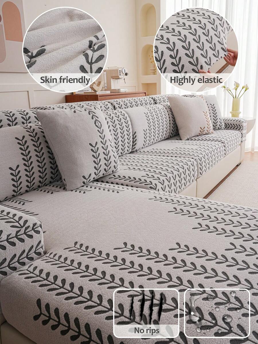1pc Leaf Swaying Flannel 3-Seater Chaise Sofa Cover, Elastic Full Wrap Protective Slip Cover, Anti-Slip Anti-Scratch, Suitable For 1/2/3/4 Seater Sofa In Living Room, All Seasons - Black - View 1