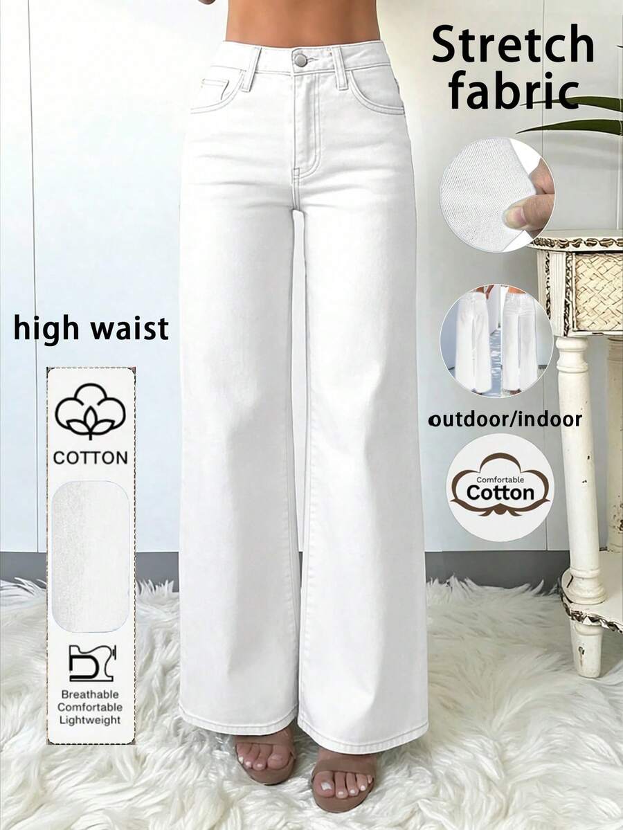 Elegant & Casual Women's Wide Leg Jeans, Denim Fabric, Solid Color Washed, Full Length, Medium Stretch Spring White - White - View 1