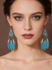 1 Pair Fashionable Exaggerated Retro Feather Bohemian Peacock Blue Elegant Earrings - Peacock Orchid - View 1