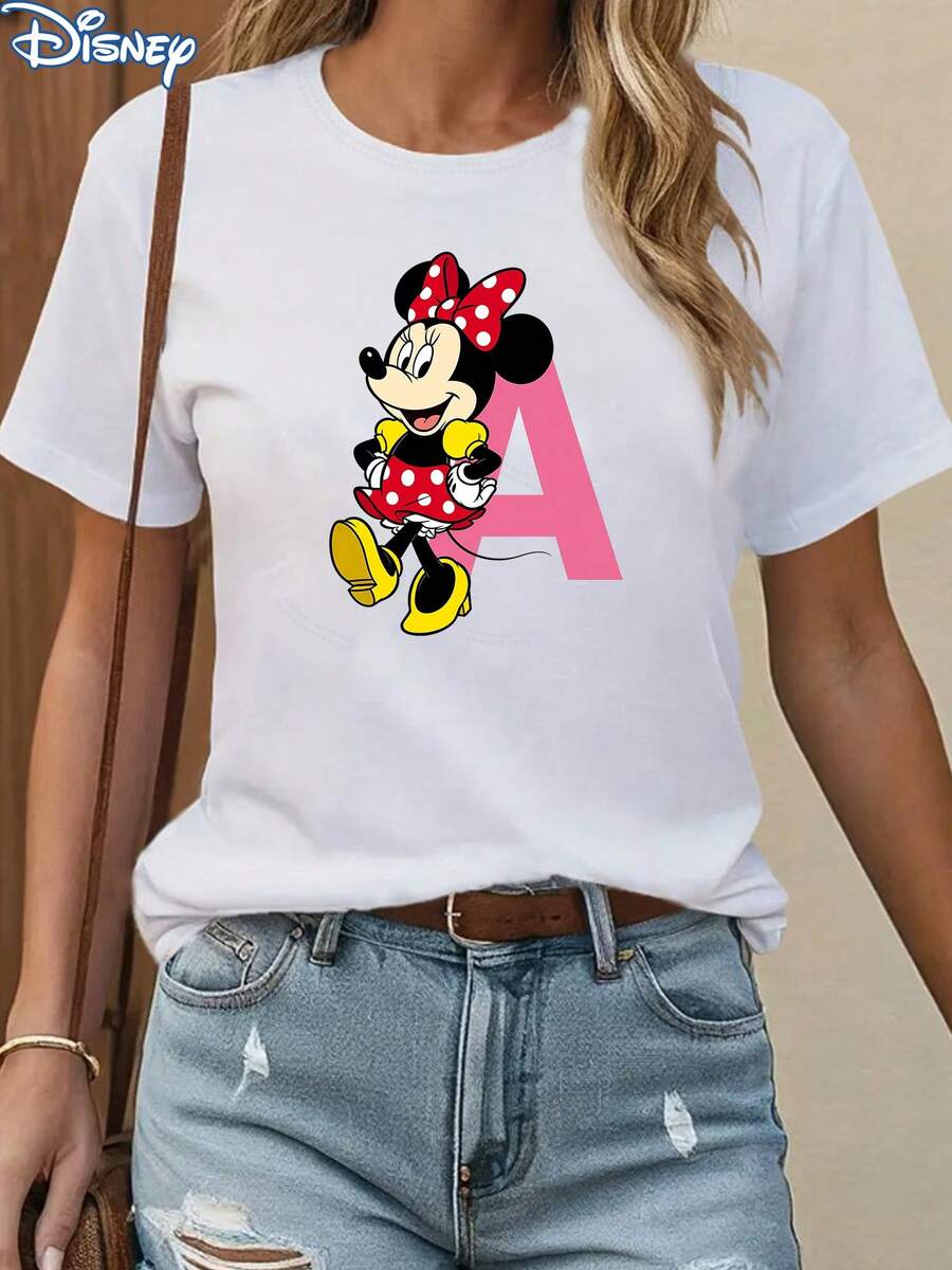 Disney Perfect For Casual Wear In Spring, Summer, And Autumn! Minnie Mouse Letter A Round Neck T-Shirt, Made Of Stretch Fabric.Made From Soft, Comfortable, And Durable Pure Cotton, This Is An Ideal Choice For Spring And Summer. This Crew Neck T-Shirt Is Suitable For Various Occasions, Including Everyday Wear, Shopping, Parties, Travel, And Gatherings, And Also Makes A Thoughtful Gift. - Blanc - Voir 1