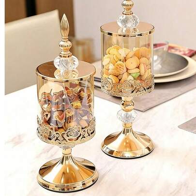 1pc Luxury Glass Candy Storage Jar, European Style, Kitchen Living Room Wedding Decor Container, Suitable For Nuts, Snacks, Fruits And Other Home Food Storage, Airtight Food Dispenser Display Jar