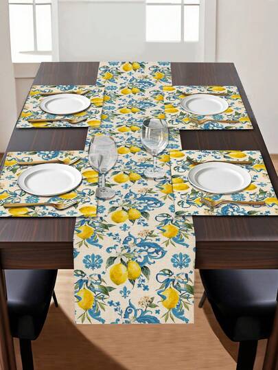 1pc Lemon Pattern Table Runner, 4pcs Lemon Pattern Placemats, Suitable For Holidays, Parties, Birthdays, Dinners, Kitchen & Dining Room Decor, Applicable For All Seasons, Home Textile Decoration Table Runner