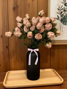 9支仿真粉色玫瑰花，7支玫瑰花头+绿色塑料植物，浪漫风格家居花卉礼品，适合女士、母亲等各种场合，包含花蕊，可用于DIY、派对回礼、伴娘礼物、家居装饰，干玫瑰，多种颜色可选，7支小玫瑰，绿色仿真植物，波西米亚秋季农场风格玫瑰花束，情人节装饰花 - 粉 - 查看 7