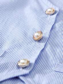 少女条纹V领单排扣上衣搭配百褶迷你裙，适合家庭聚会、派对、拍照等场合。 - 藍白色 - 查看 6