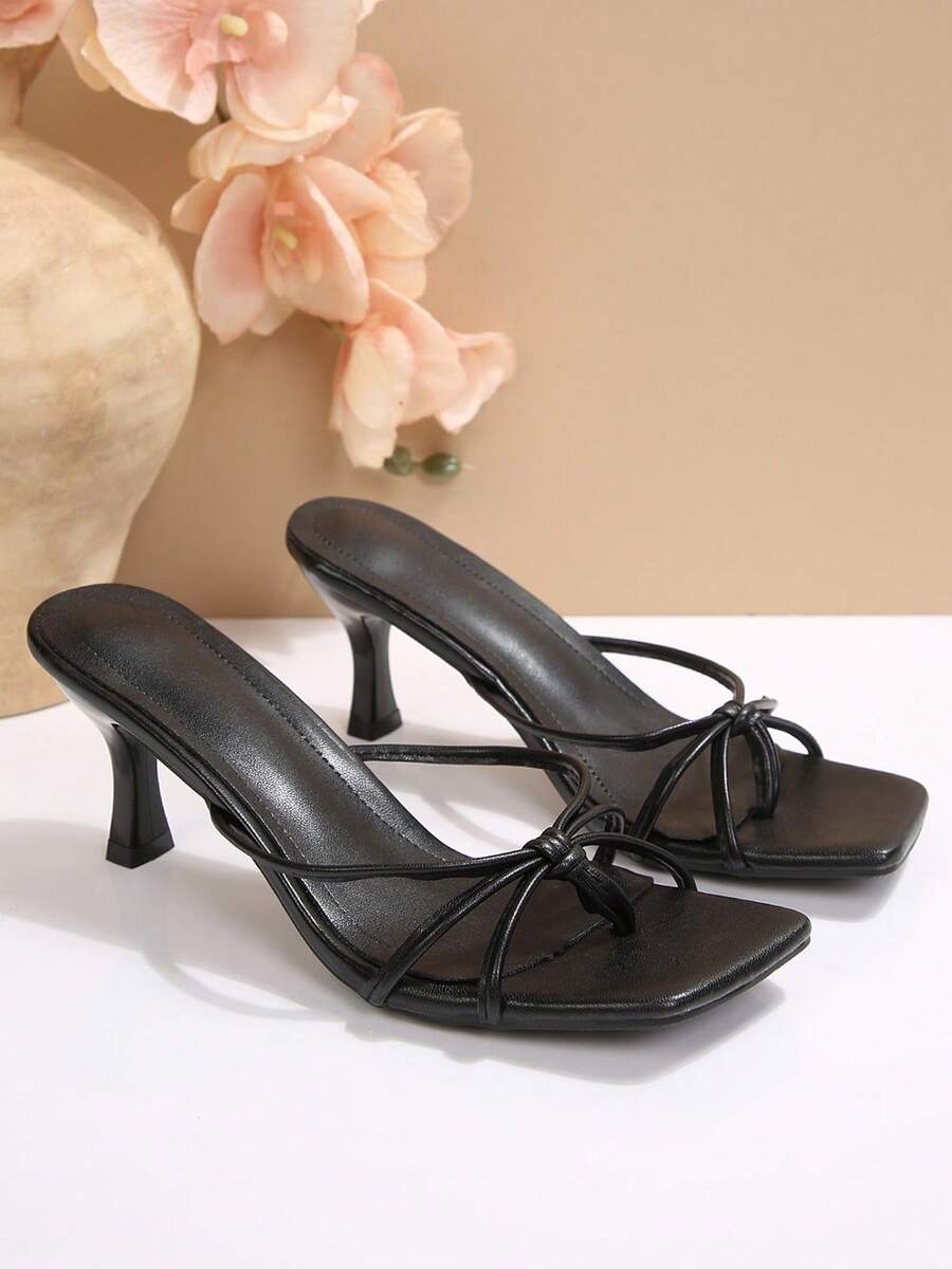 Dressy Fashion Vacation Beach Summer Shoes For Women Stiletto Kitten Heel Sandals Knotted Strappy Square Open Toe Mule Heels Flip Flops Thong - 黑色 - 查看 1