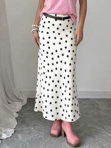 Women's Polka Dot Satin Maxi Skirt, Spring Summer Elastic High Waisted Elegant Flowy A-Line Long Skirt - White - View 9