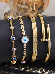 Bộ 4 vòng tay hình mắt quỷ/1 chiếc có thể xếp chồng lên nhau dành cho nữ | Vòng tay hình mắt quỷ mạ vàng 18K tinh tế | Quà tặng trang sức cho phái nữ - Vàng - Xem 2