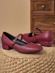 MonaNise 咖啡色玛丽珍方头3厘米高跟鞋，适合工作、晚宴等场合，复古黑色，时尚休闲卡其色鞋款 - 棗紅色 - 查看 2