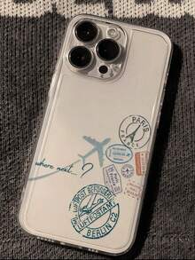 1pc Airplane Slogan & Retro Postmark Print Transparent Shockproof Phone Case, Compatible With IPhone 17/17 Pro/17 Pro Max, 16/16 Pro/16 Pro Max, 15/15 Pro/15 Pro Max, 14/14 Pro/14 Pro Max, 13/13 Pro/13 Pro Max, 12/12 Pro/12 Pro Max, 11/11 Pro/11 Pro Max - Multicolor - View 4