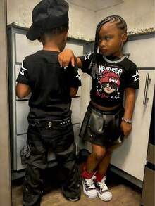 男童圆领卡通字母印花休闲日常短袖T恤 - 黑色 - 查看 5