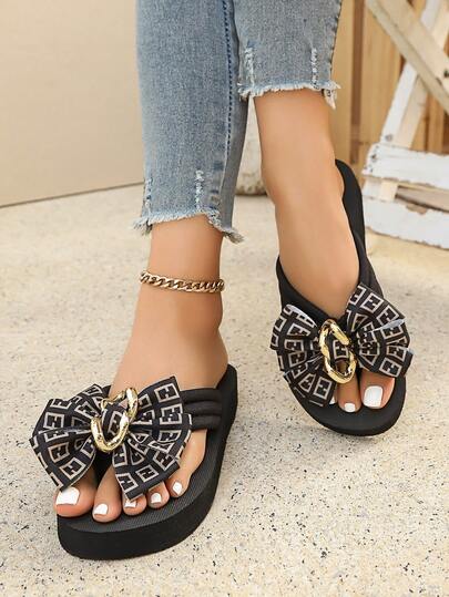 New Spring/Summer Bowknot Elegant Vacation Goddess Fashion Women Shoes, Metal Chain Beach Holiday Party Outdoor Indoor Festival Ladies Flip Flops