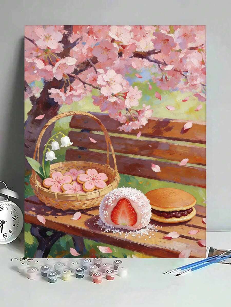 樱花野餐甜点 DIY 数字油画帆布画工艺品 成人家居装饰 40x50厘米/16x20英寸 节日礼物 - 40*50厘米 - 查看 1
