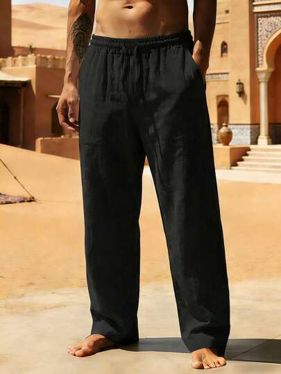 Men's Breathable Thin Linen Casual Sweatpants, Solid Color, Daily Black Pants, Men's Drawstring Pants, Men's Summer Pants, Men's Linen Pants, Men's Loose Casual Pants, Suitable For Beach Wear In Spring And Summer