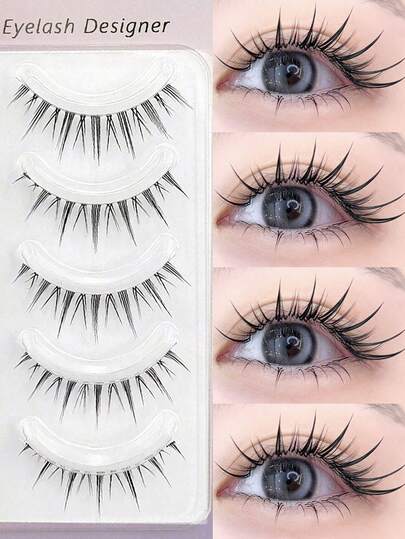  Asiteo 卡通假睫毛 5 对装，自然柔软小恶魔睫毛，透明塑料梗，仿貂毛条纹睫毛，适合化妆、送礼、女士、女孩、派对用品、婚礼礼物、日常妆容、工作、旅行、音乐节等场合。