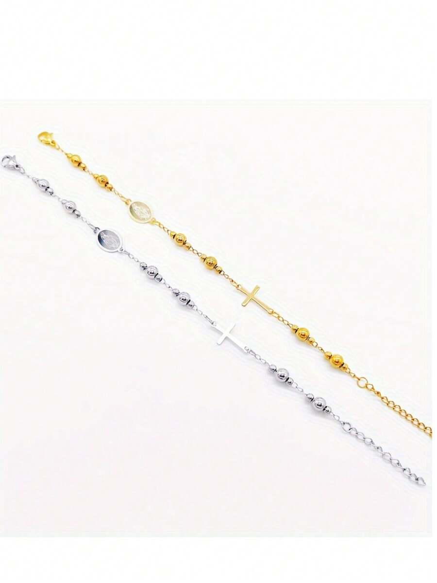 Vòng tay nữ thanh lịch bằng thép không gỉ đính hạt 3mm và ngọc trai 5mm hình hoa hồng - Mặt dây chuyền - Bền, chống nước, không gây dị ứng, quà tặng cho phái nữ - đi qua - Xem 1