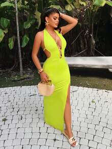 AIJ Women's Sexy Halter Neck Backless Slit Knitted Bodycon Maxi Dress, Elegant Sleeveless For Casual & Party Wear - Yellow - View 4