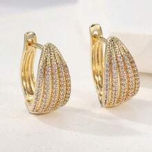 Women's Fashion Wedding Jewelry, Synthetic Round White Cubic Zirconia Hoop Earrings, Small Round Earrings - Gold - View 5