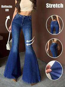 High Waist Elastic Black Flare Jeans, Y2K Style Washed Flare Pants, Elegant Retro Sexy Flare Pants, Summer 2026 - 深色洗 - 查看 2