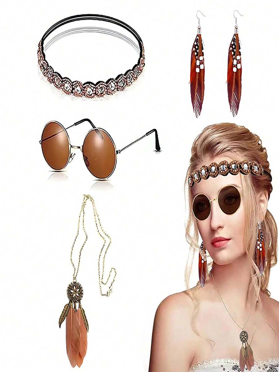 4pcs/Set Artificial Feather Earrings, Bohemian Tassel Long Pendant Necklace, Hippie Jewelry Set - Multicolor - View 1