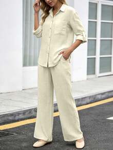 Thin Polo Collar Casual Cardigan, Versatile Solid Color Elegant Blouse Top Suitable For Beach, Daily, Commuting, Work, Shopping, Soft & Comfortable Fabric, Elastic Waist Loose Pants, 2 Pieces Set Spring - Champagne - View 3