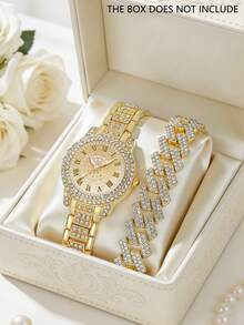 两件套奢华女士石英表套装，包括一枚罗马数字镶钻石英表和一条全钻手链，采用闪亮金色和全铺镶钻石设计。 - 金色 - 查看 7