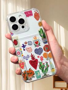1PC Diseño de inspiración mexicana con fondo transparente y collage vibrante de cactus, corazones sagrados, sol y flores en estampado artístico colorido, funda para móvil transparente con ranura para tarjetas, protección completa de cámara, compatible con iPhone 17/16/15/14/13/12/11/Pro/ProMax, compatible con Galaxy A54/S24 Ultra/Plus, compatible con Moto/Galaxy/Redmi/Honor/OPPO, anti-caídas y almacenamiento, diseño minimalista - transparente - Ver 1