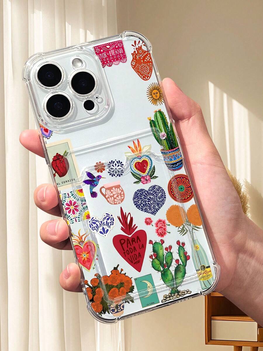 1PC Diseño de inspiración mexicana con fondo transparente y collage vibrante de cactus, corazones sagrados, sol y flores en estampado artístico colorido, funda para móvil transparente con ranura para tarjetas, protección completa de cámara, compatible con iPhone 17/16/15/14/13/12/11/Pro/ProMax, compatible con Galaxy A54/S24 Ultra/Plus, compatible con Moto/Galaxy/Redmi/Honor/OPPO, anti-caídas y almacenamiento, diseño minimalista - transparente - Ver 1