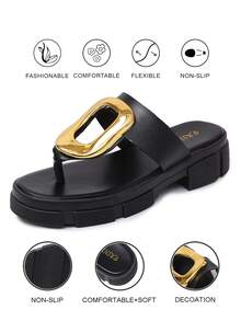 女士新款方头人字拖，时尚百搭凉鞋，休闲厚底平底金色塑料扣独特夏季拖鞋 - 黑色 - 查看 4