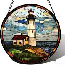 Đồ trang trí treo tường hình tròn bằng acrylic họa tiết ngọn hải đăng, kiểu kính màu. - Nhiều màu - Xem 4