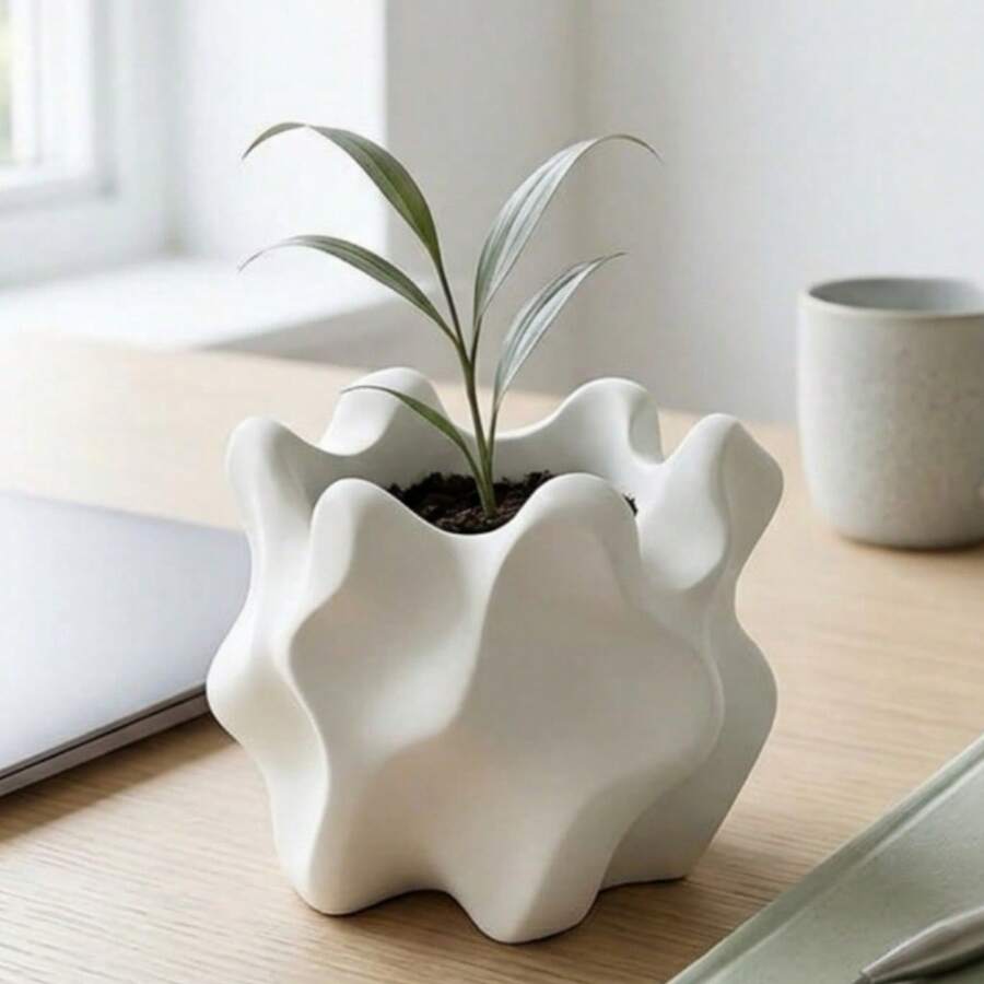 Maceta de escultura de onda moderna, maceta de plástico mate blanco/gris para plantas suculentas y flores pequeñas, maceta de escritorio minimalista y abstracta, decoración contemporánea para el hogar y la oficina - A - Ver 1
