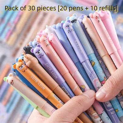 10/20/30pcs Animal Pattern Erasable Gel Pen Set, 0.5mm Tip, Comes With Black, Blue And Red Erasable Refills, Multiple Animal Patterns Available, Suitable For Students' Daily Use, Back-To-School Gifts.
